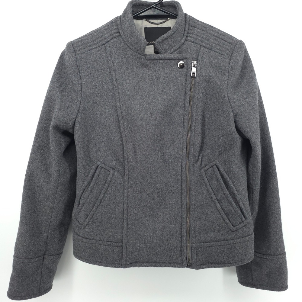 Banana Republic Italian Wool Moto Women Jacket XSP Gray Asymmetrical Zip Biker
